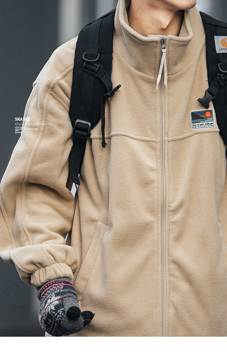 25 Winter Fleece Cardigan Cotton Jacket Men's Trendy Loose Couple Sweatshirt Men's BF Style Stand Collar Casual Top Coat