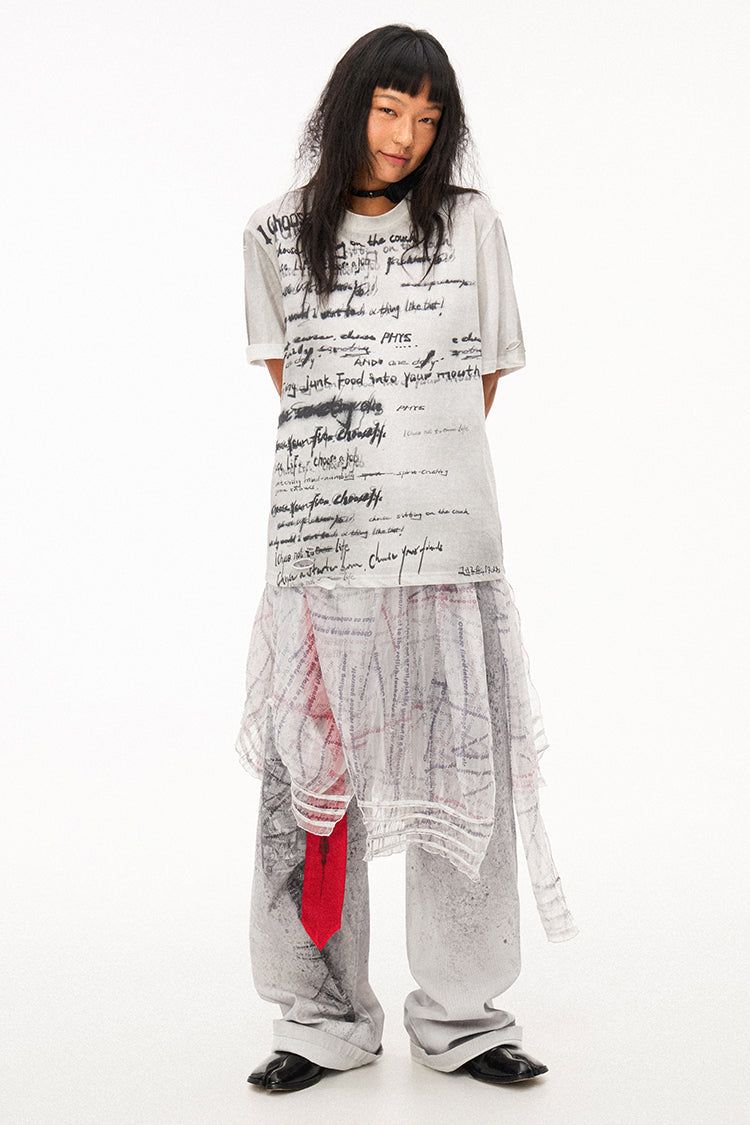 Handwritten Print Soft Skin-friendly Distressed Loose Short Sleeve T-shirt