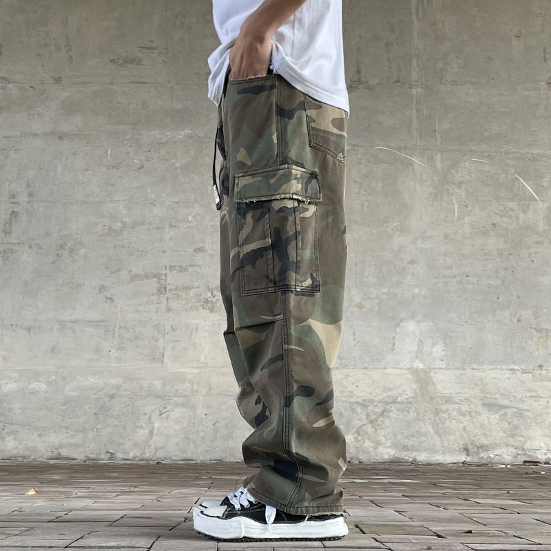 Men's American Street Retro Cargo Pants - Camouflage Heavy Washed Ripped Straight-Leg Pants