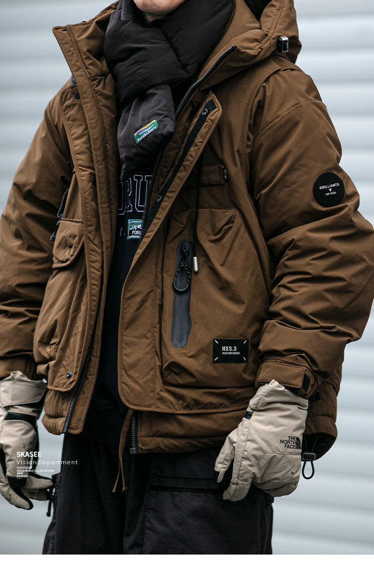 Winter Workwear Hooded Down Jacket Men's Trendy Loose Outdoor Multi-Pocket Functional 90% White Duck Down Warm Coat Trendy