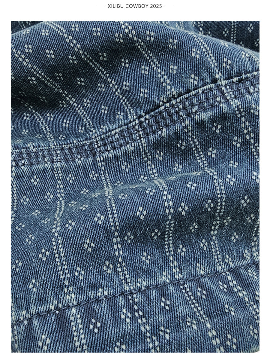 Blue Dyed Jacquard Loose Fit Scimitar Cropped Pants Japanese Retro Style with Large Pockets Casual Mid-Length Shorts