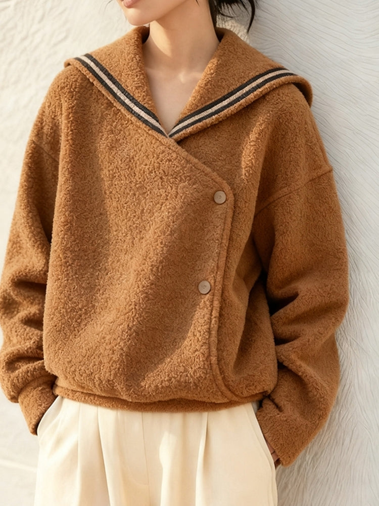 Women's 2025 Autumn Winter Old Money Style Lamb Wool Coat - Petite Brown Navy Collar Thick Warm Coat