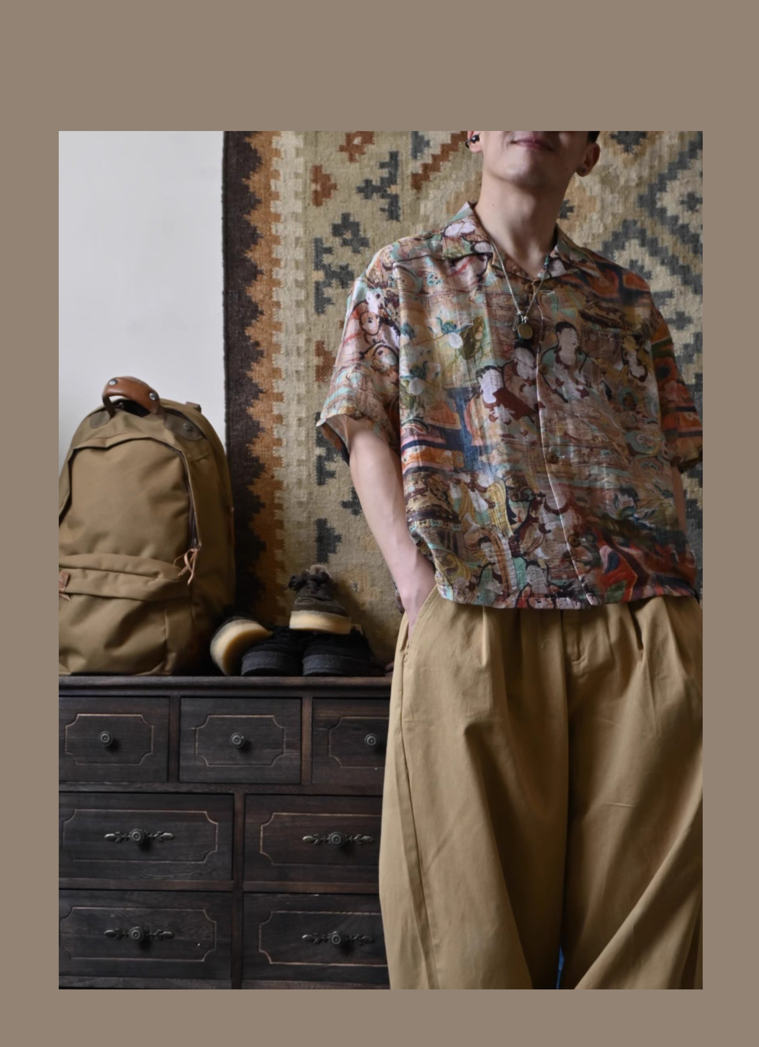Vintage Loose Print Cuban Collar Shirt Linen Hawaiian Short Sleeve Shirt Dunhuang Summer Trend Brand