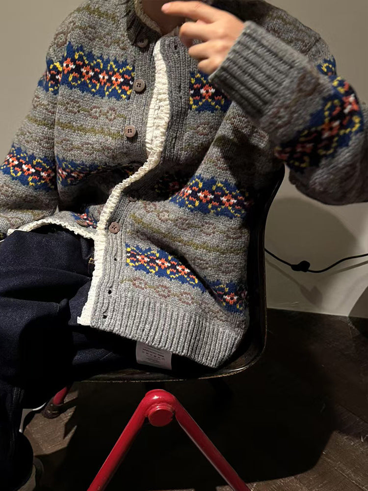 South Korea Nine-Bananas Fair Isle Lace-Trim Sweater Coat – Vintage Wool Blend, Cozy Retro Statement