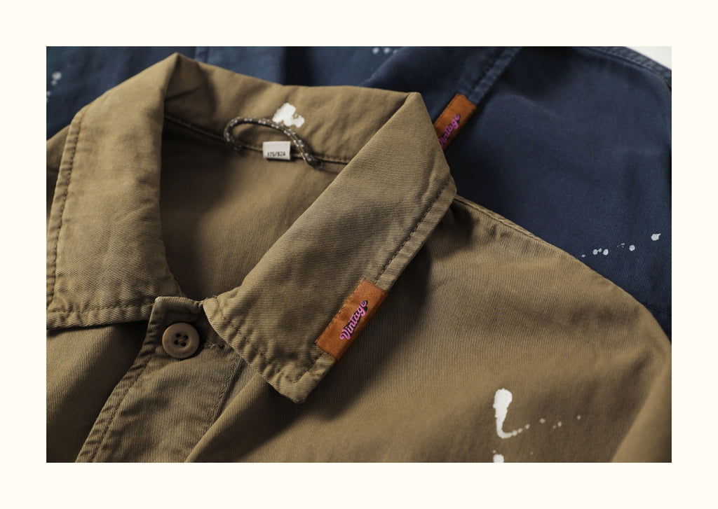 Heavy-Duty Washed Multi-Pocket Workwear Jacket – Ink-Splattered, Turn-Down Collar (Unisex)