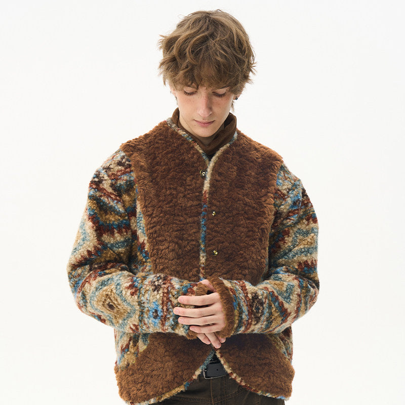 Printed Wool Patchwork Coat - Eco-Friendly Wooden Button Warm Jacket