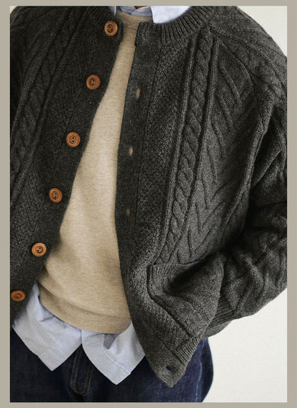 Traditional Aran Fisherman Sweater – Jacquard Knit Crewneck Cardigan (Unisex)