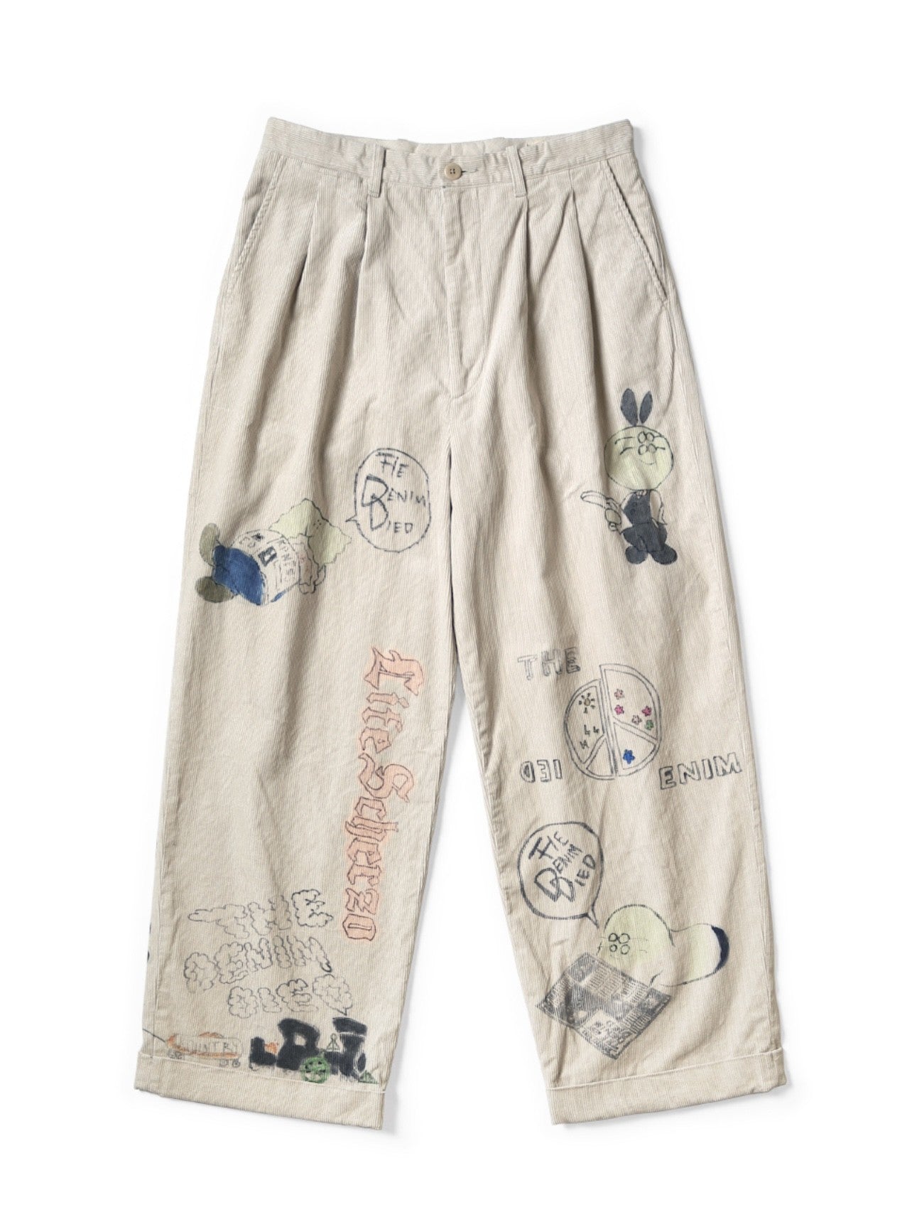 25AW KAPITAL Style Japanese Retro Corduroy Washed Vintage Fun Print Casual Pants