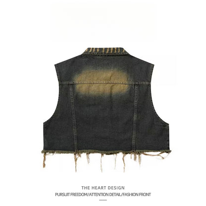 Vintage Distressed Turn-Down Collar Short Fringe Raw Edge Denim Vest Men's Functional Style Workwear Stylish Vintage Vest
