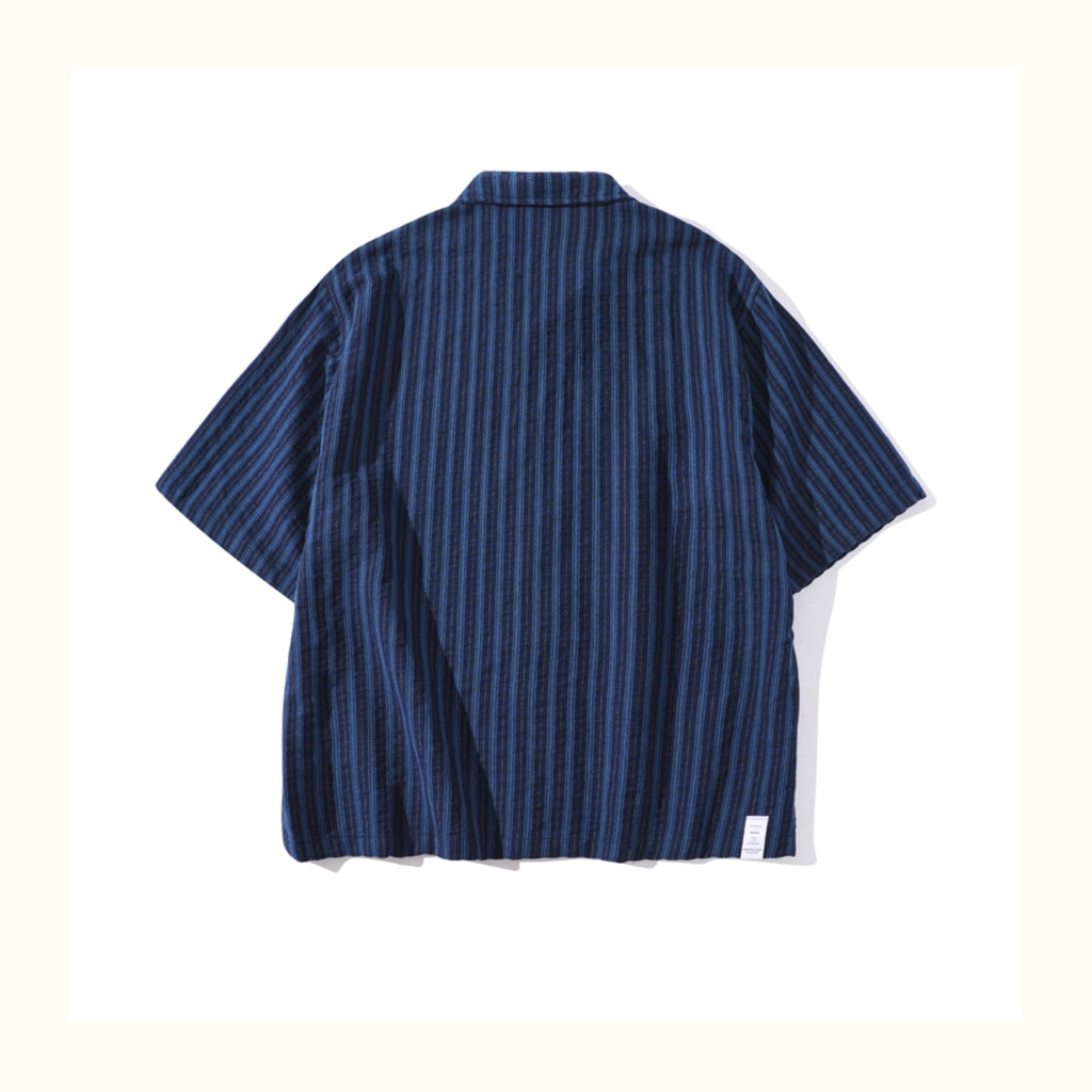Pure Cotton Blue Striped Cuban-Collar Shirt – Japanese Retro, Loose Fit, Summer Essential