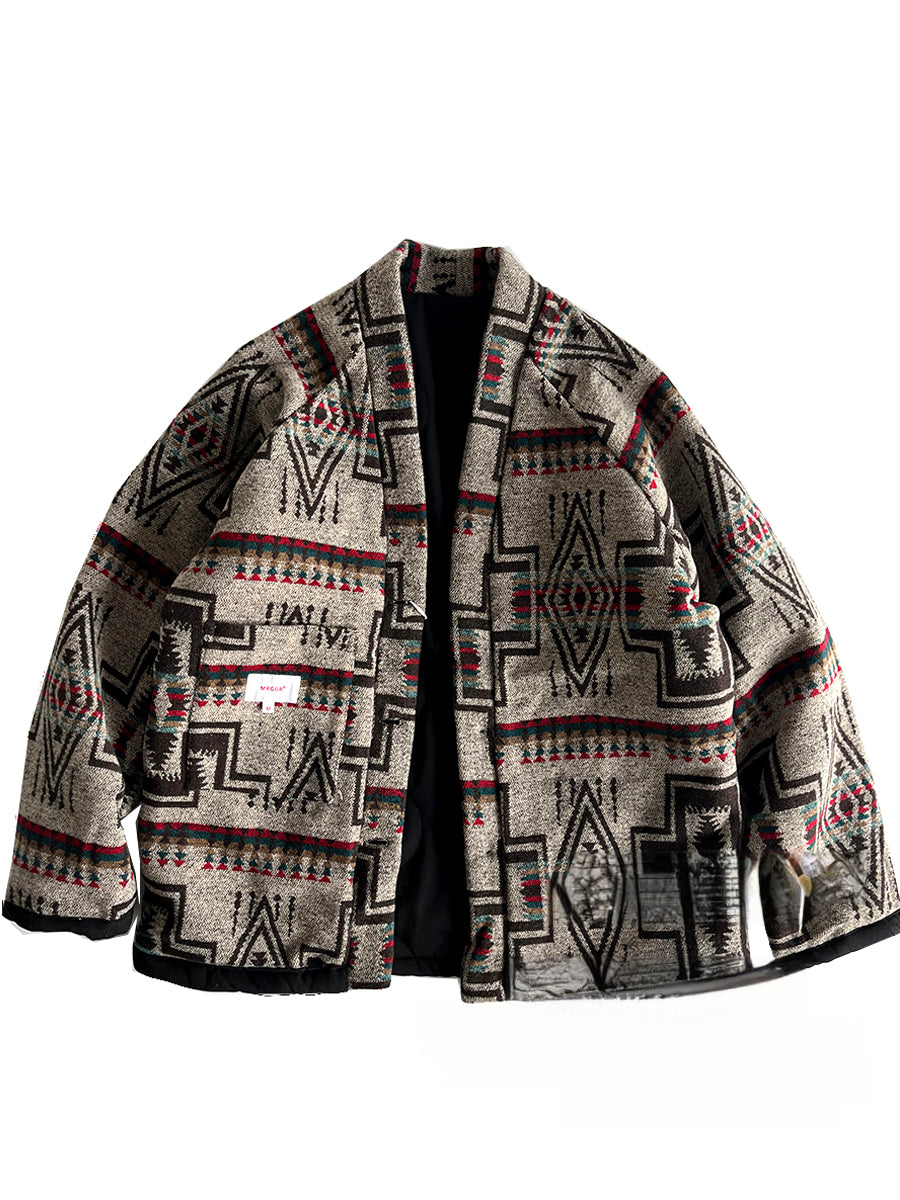 Men's Japanese Style Improved Taoist Robe - Autumn Winter Retro Patchwork Collarless Cotton Jacket