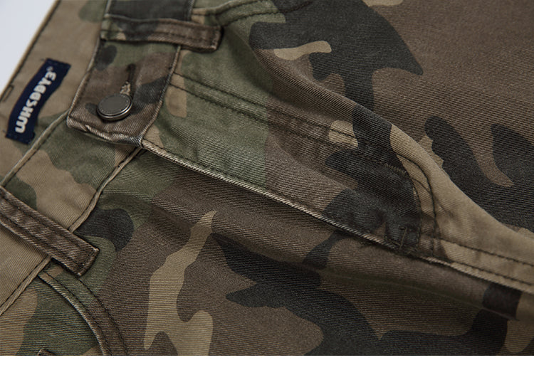 Men's American Street Retro Cargo Pants - Camouflage Heavy Washed Ripped Straight-Leg Pants