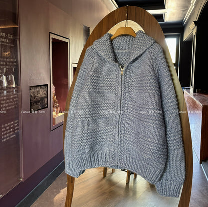 Women's South Korean Wave Pattern Knitted Cardigan - Autumn Winter Thick Wool Zipper Versatile Sweater Coat