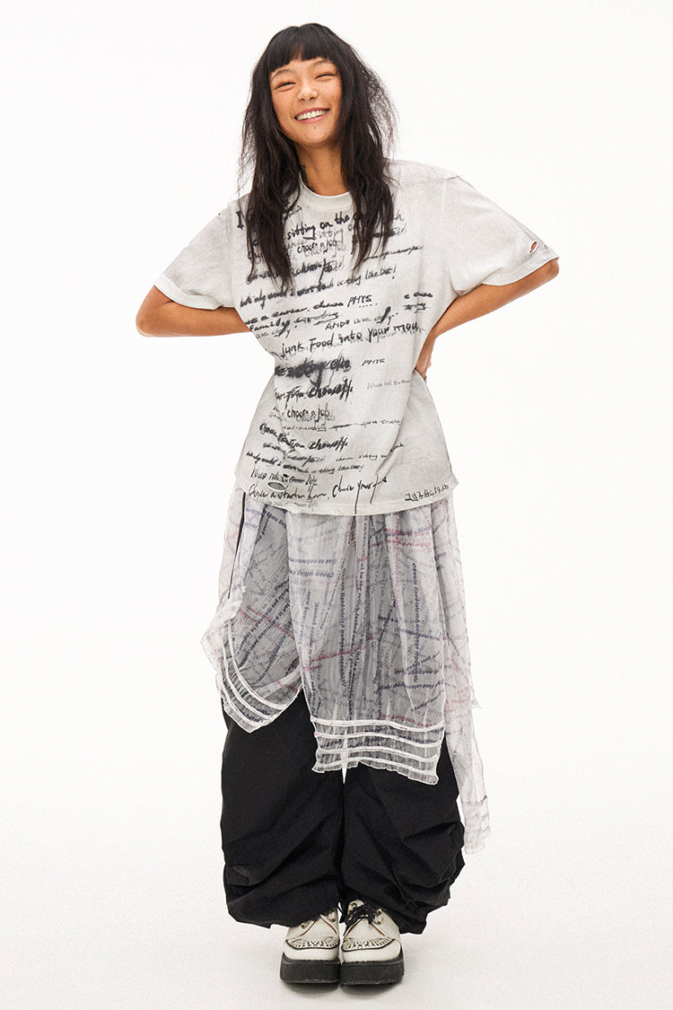 Handwritten Print Soft Skin-friendly Distressed Loose Short Sleeve T-shirt