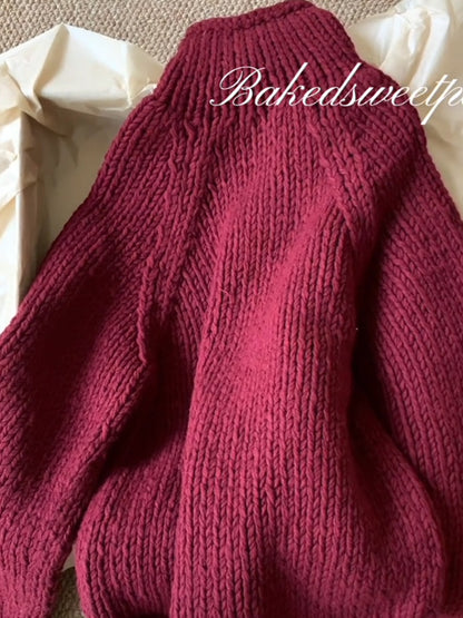 Berry Red Stand-Collar Wool Cardigan Coat – Thick-Needle Premium Knit (Women)