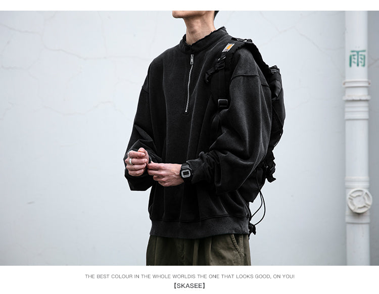 Unisex 465g Washed Vintage Sweatshirt - Boxy Half-Zip Snowflake Knit Pullover