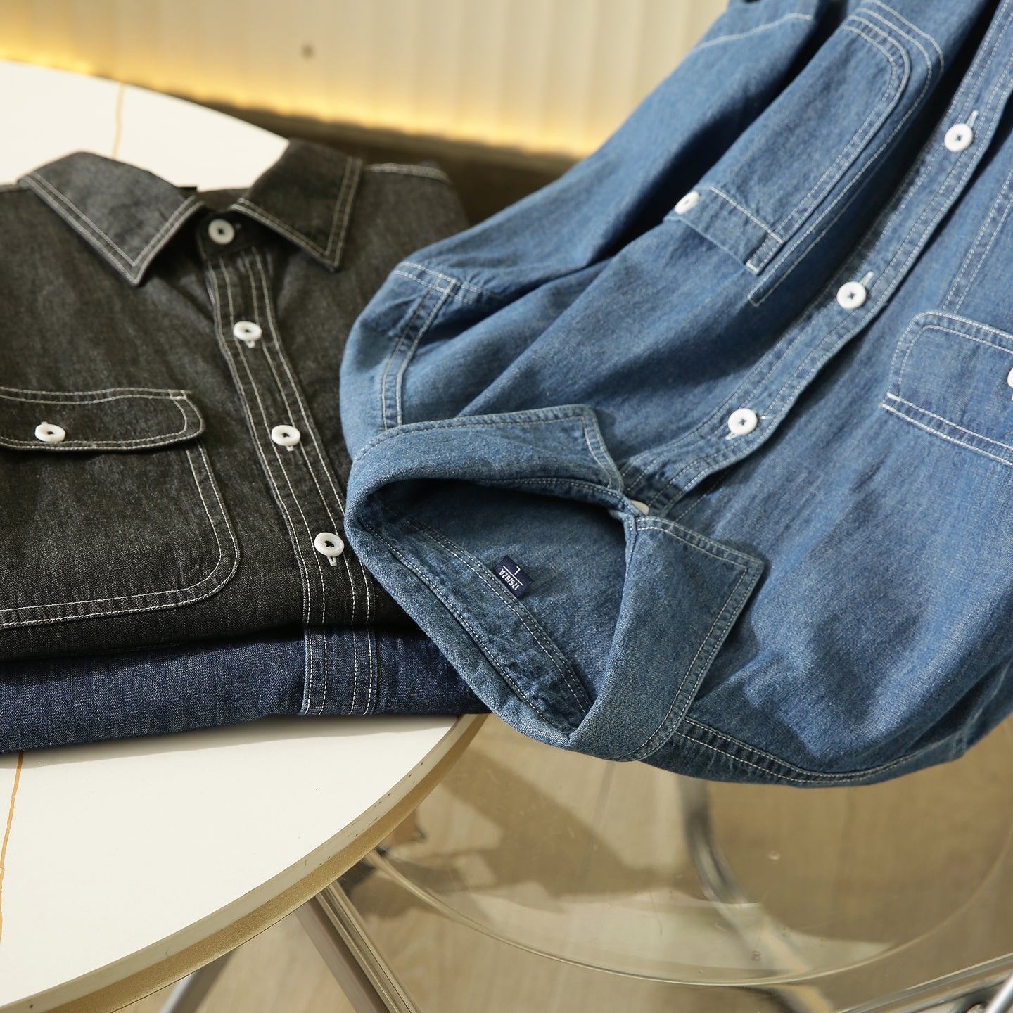 Pure Cotton Enzyme Wash! Export Surplus Men's Summer Turn-down Collar Denim Short Sleeve Shirt Top