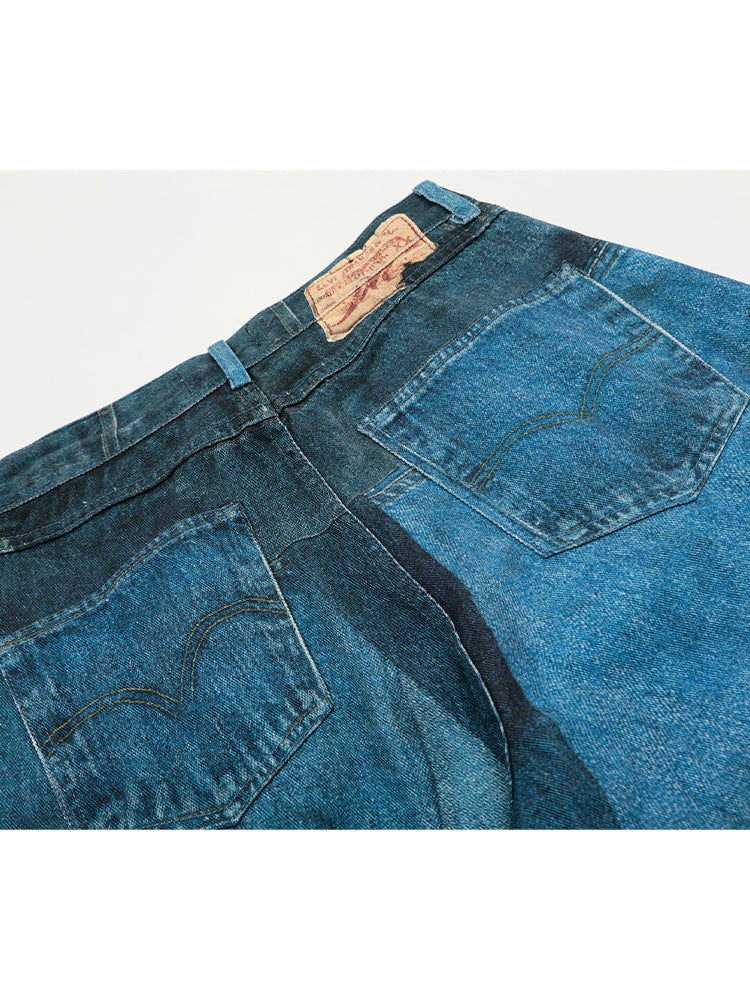 Printed Washed Denim Fabric Creative Design Color Block Feel Scimitar Pants Wide Leg Jeans