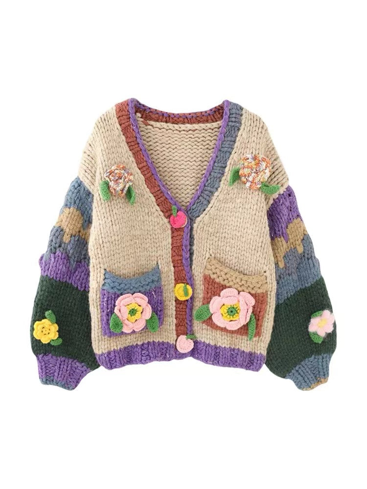 French Heavy Craft Pure Handmade Thick Knitted Color-Block Vintage Style 3D Crochet Sweater Cardigan for Women