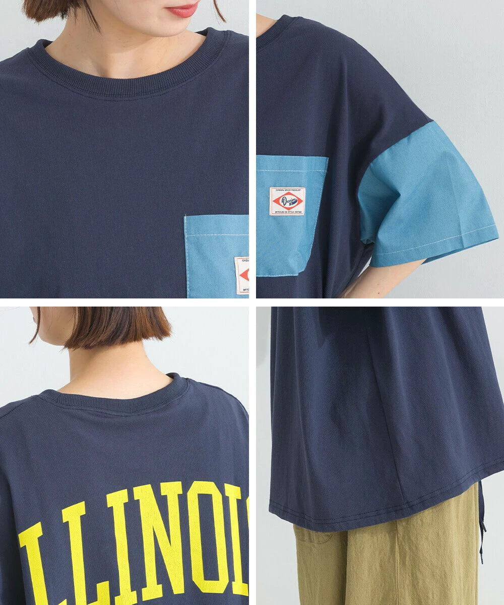 Japanese Style Stitching Denim Pocket Letters Profile T-shirt Designer Loose Casual Summer Patch