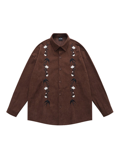 GPStudio American-Retro Floral Embroidery Corduroy Shirt – Long Sleeve, Loose Fit
