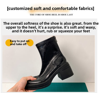 Women's Retro Genuine Leather Martin Boots - Brown Cowhide Thick-Soled Back-Zip Chunky Heel Boots