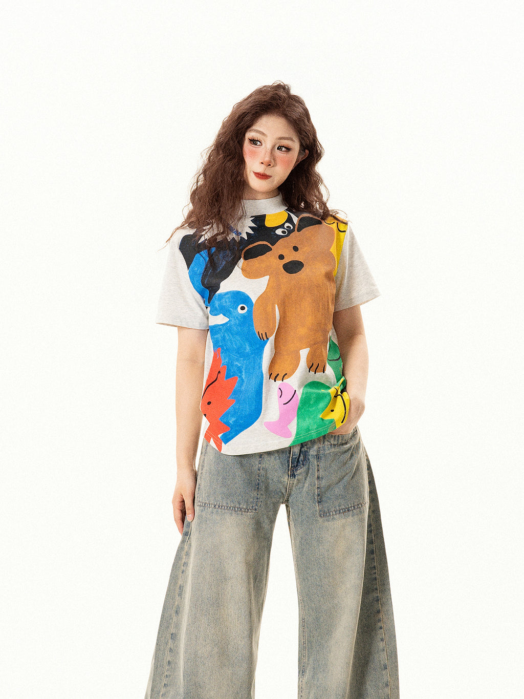 Vintage Fun Cartoon Print Regular Shoulder Short Sleeve T-Shirt for Women Summer Niche Design Slim Fit Top