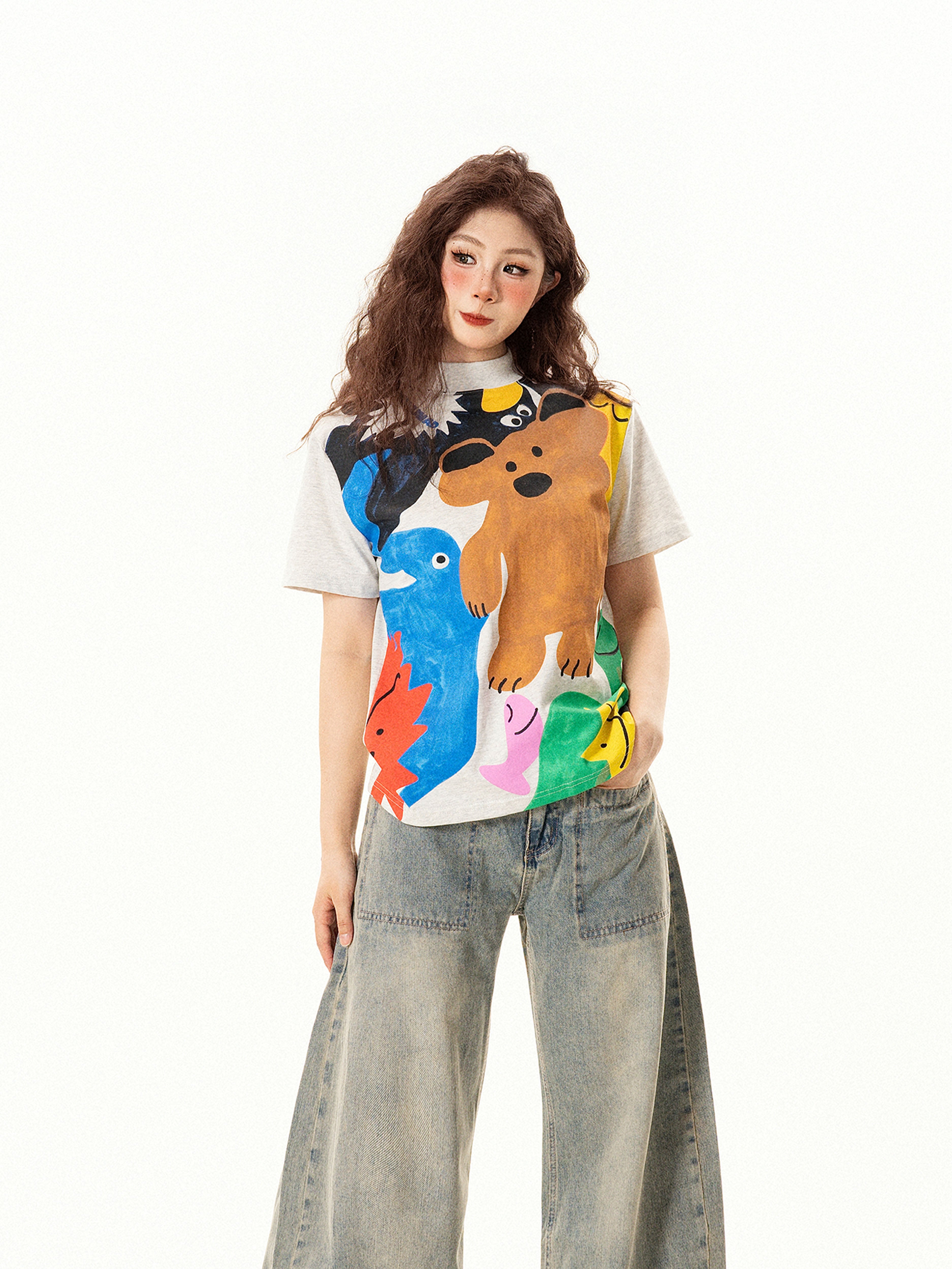 Vintage Fun Cartoon Print Regular Shoulder Short Sleeve T-Shirt for Women Summer Niche Design Slim Fit Top