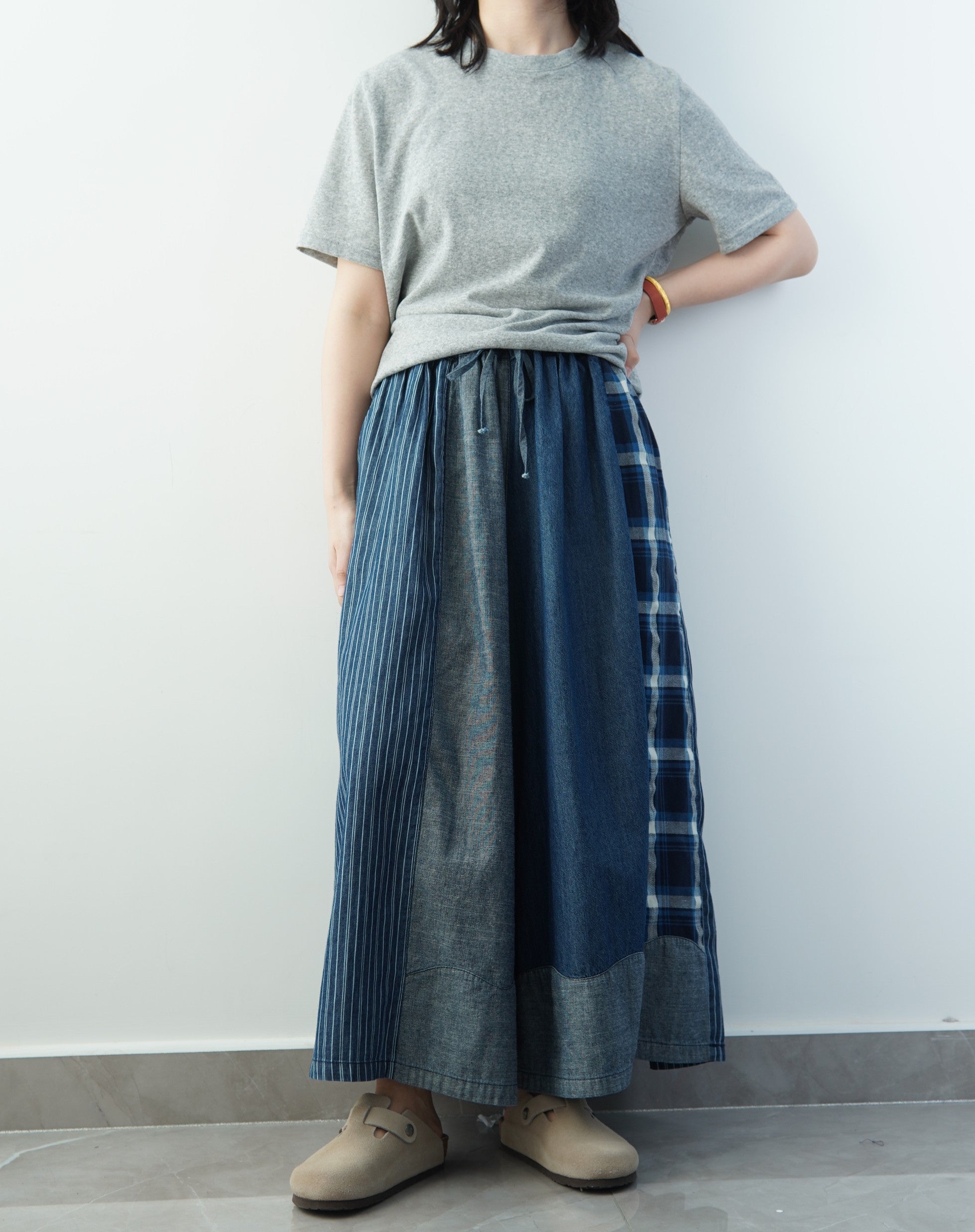 100% Cotton! Color Block Retro Denim Wide Leg Skirt Pants
