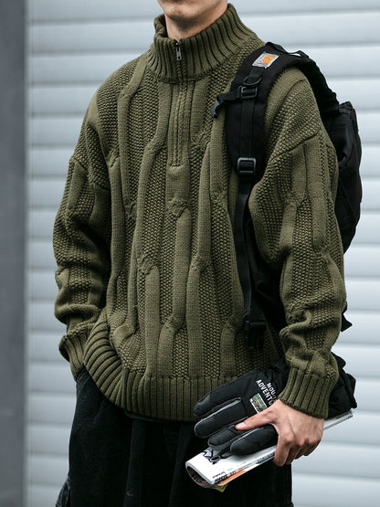 Men's Winter Heavyweight Cable Knit Sweater - American Retro Half-Zip Stand Collar