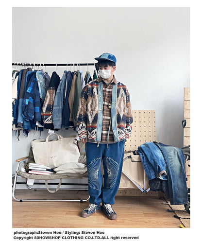 Men's Luckysartorius Japanese Retro Denim-Stitched Woolen Jacket - National Wind Robe Style Coat