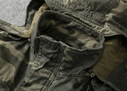 Heavy Distressed Hooded Camouflage Cargo Jacket – Oversized Cotton Outdoor Coat