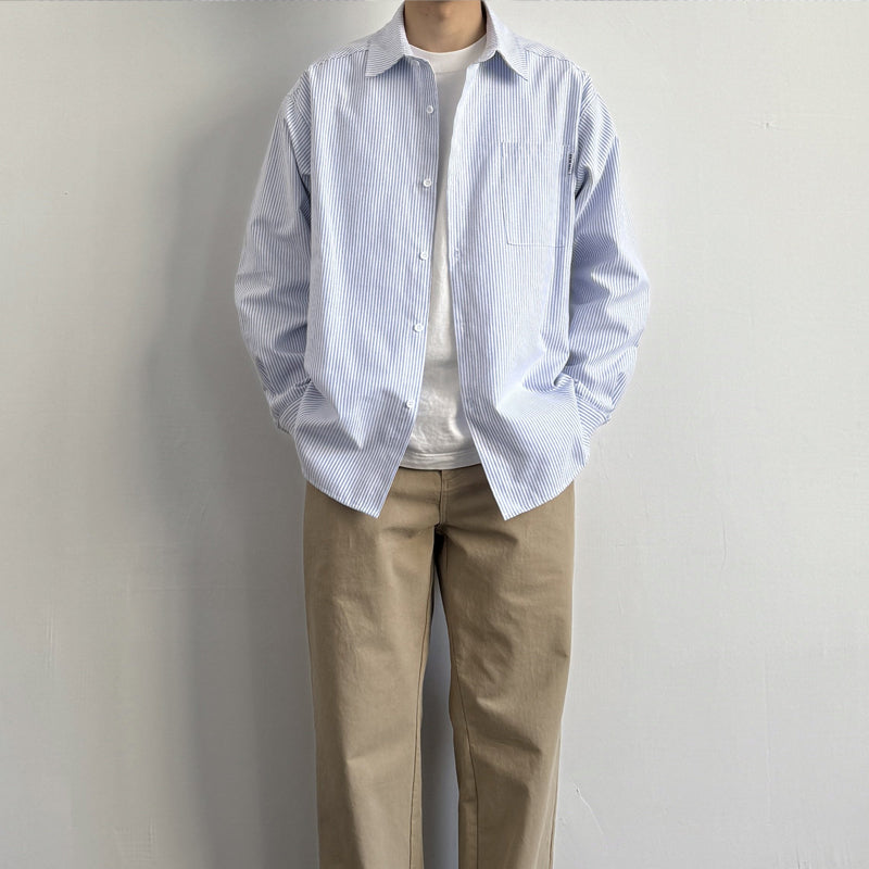Japanese Vintage Blue & White Striped Oxford Cargo Shirt – Loose Fit Lapel Long Sleeve – Japanese vintage | yamalin clothes | Yamalinclothes