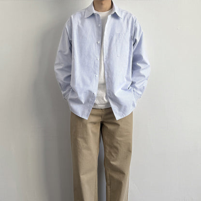 Japanese Vintage Blue & White Striped Oxford Cargo Shirt – Loose Fit Lapel Long Sleeve – Japanese vintage | yamalin clothes | Yamalinclothes