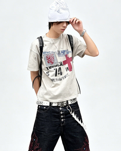 Ripped Washed Slogan Patch T-Shirt – Vintage Loose Unisex Streetwear