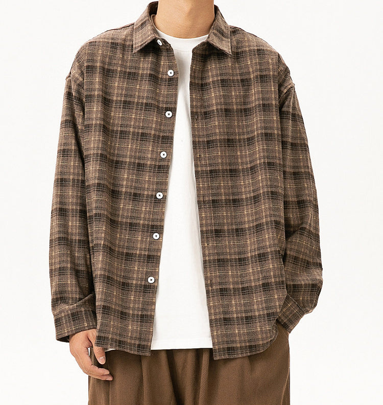 Japanese Vintage Contrast Plaid Long Sleeve Shirt – Loose Unisex Casual
