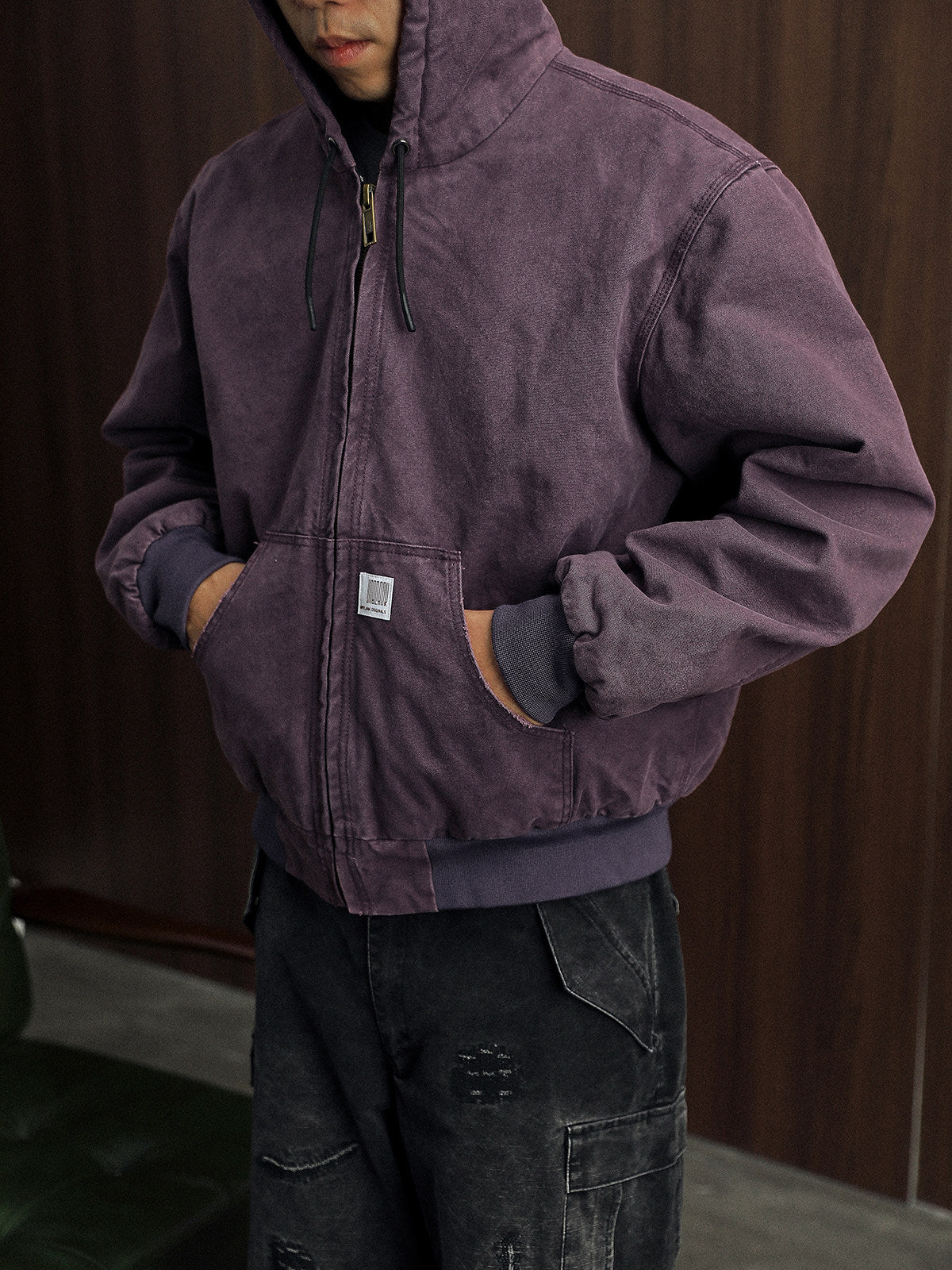 Vintage Wash Distressed Cargo Hoodie Jacket – Thermal Insulated Men's Coat