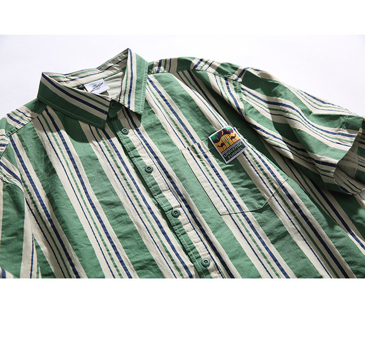 Contrast Vertical Stripe Short Sleeve Shirt – Niche Genderless Casual – Japanese vintage | yamalin clothes | Yamalinclothes