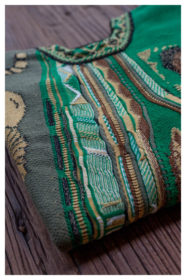 Vintage Green Lion Knit Sweater - Japanese Retro Crew Neck Pullover