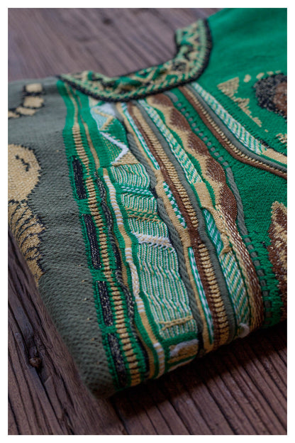 Vintage Green Lion Knit Sweater - Japanese Retro Crew Neck Pullover