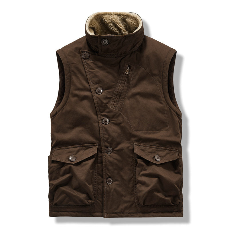 Multi-Pocket Fleece-Lined Utility Vest – Stand Collar Sleeveless Workwear Unisex – Vest | japanese streetwear | vintage workwear | unisex | Yamalinclothes