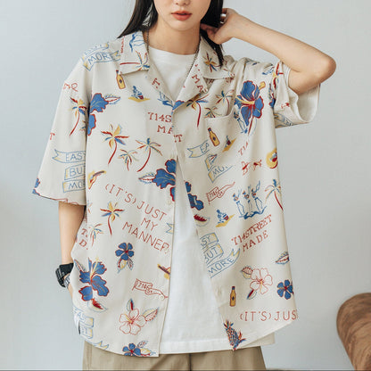 قميص هاواي صيفي بأكمام قصيرة بتصميم مريح ونقوش زهور للرجال والنساء، تصميم عصري، وأسلوب فريد.