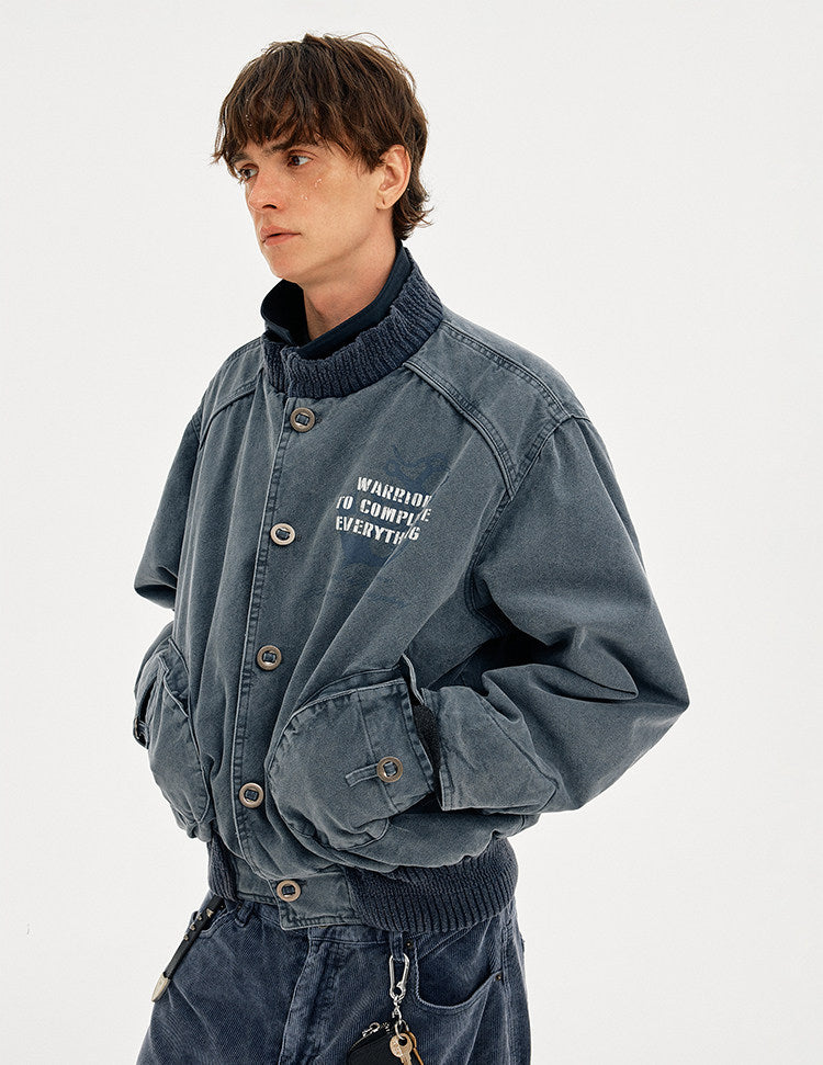 Heavyweight Washed Cotton Stand Collar Workwear Jacket – Oversized Unisex Short Coat