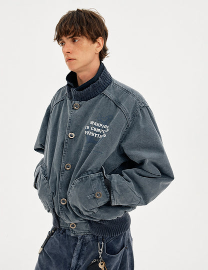 Heavyweight Washed Cotton Stand Collar Workwear Jacket – Oversized Unisex Short Coat