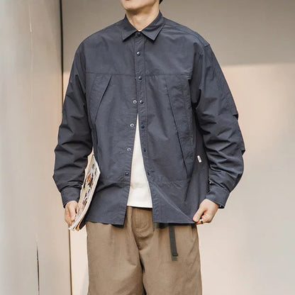 Japanese Workwear Pleated Layered Long-Sleeve Shirt Jacket – Cleanfit Silhouette Men’s Spring Autumn – Japanese vintage | yamalin clothes | Yamalinclothes