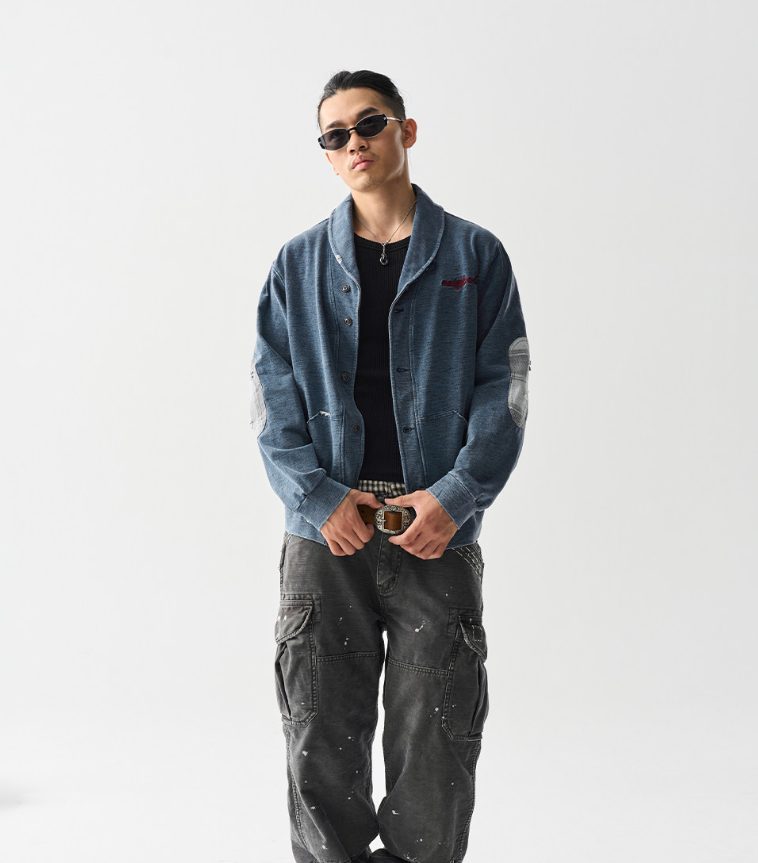 American Vintage Washed Distressed Zip-Up Cardigan – Contrast Collar Oversized Sweatshirt