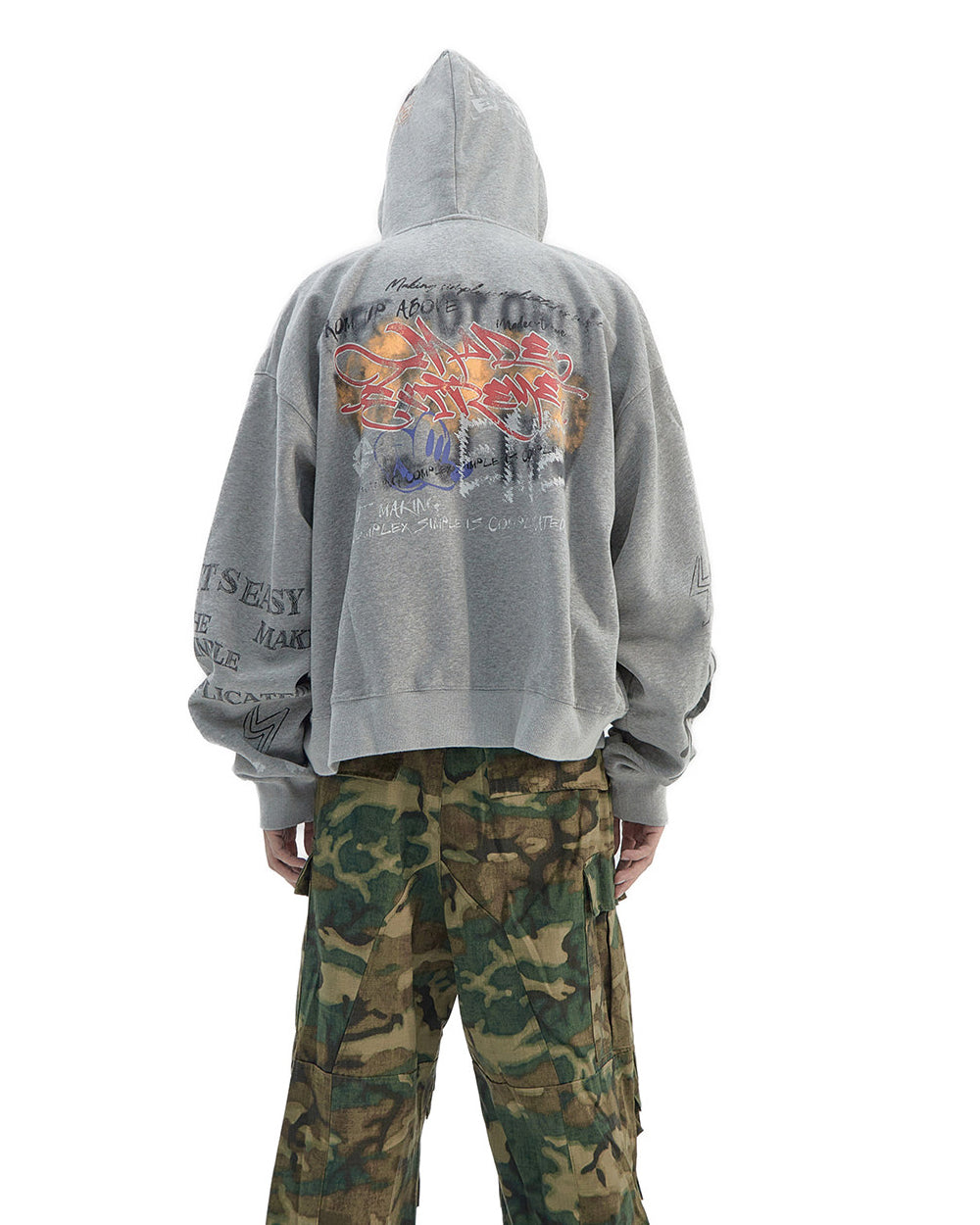 Vintage Distressed Letter Print Zip-Up Hoodie – Oversized Hip-Hop Sweatshirt