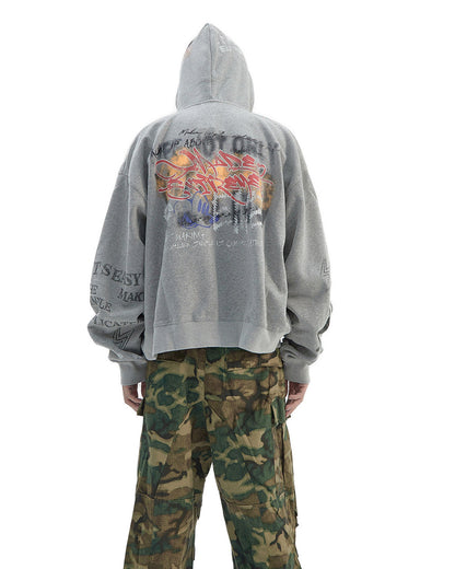 Vintage Distressed Letter Print Zip-Up Hoodie – Oversized Hip-Hop Sweatshirt