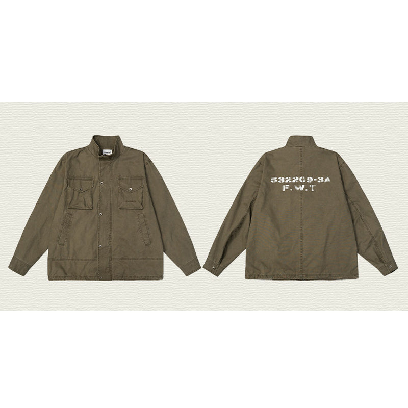 American Retro Stand Collar Cargo Jacket – Loose Unisex Autumn