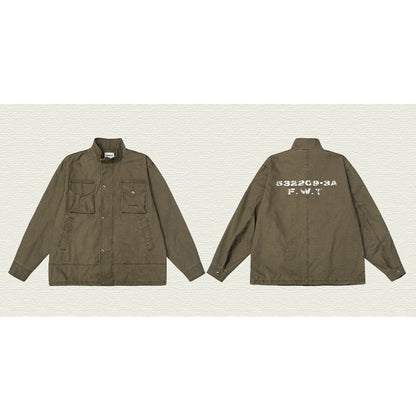 American Retro Stand Collar Cargo Jacket – Loose Unisex Autumn